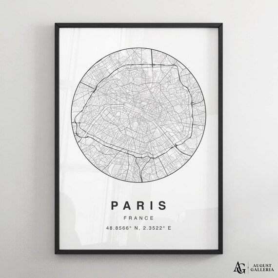 Paris France Minimalist City Street Map Black and White Art Poster
