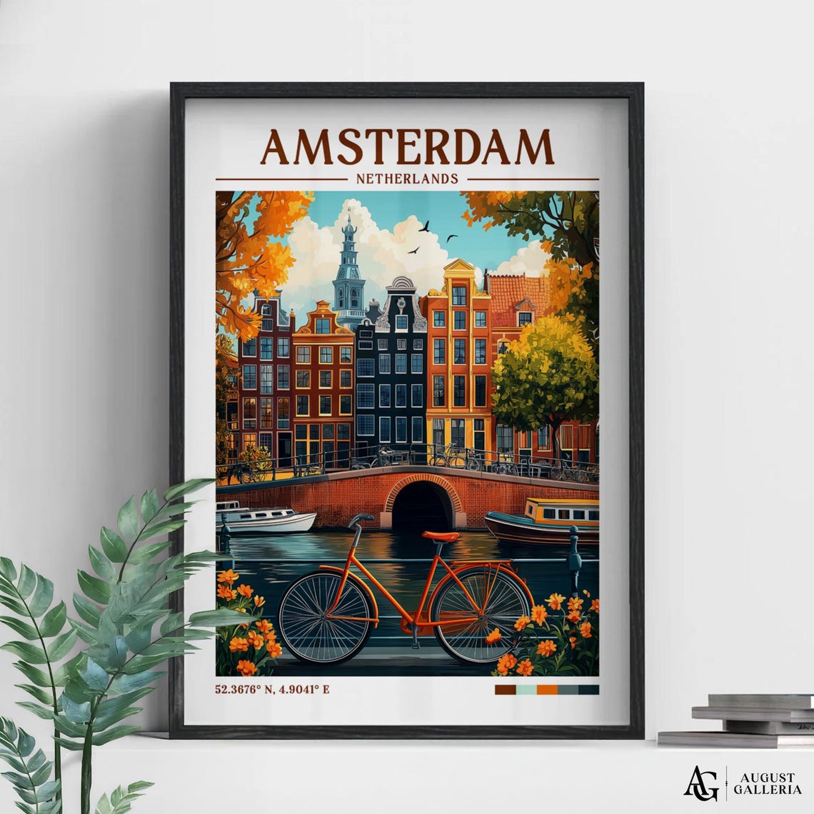 Amsterdam Netherlands Retro Travel Canal Bike Autumn Scene Poster