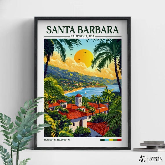 Santa Barbara Retro Travel Print Wall Art Framed Canvas Poster Illustration Wanderlust