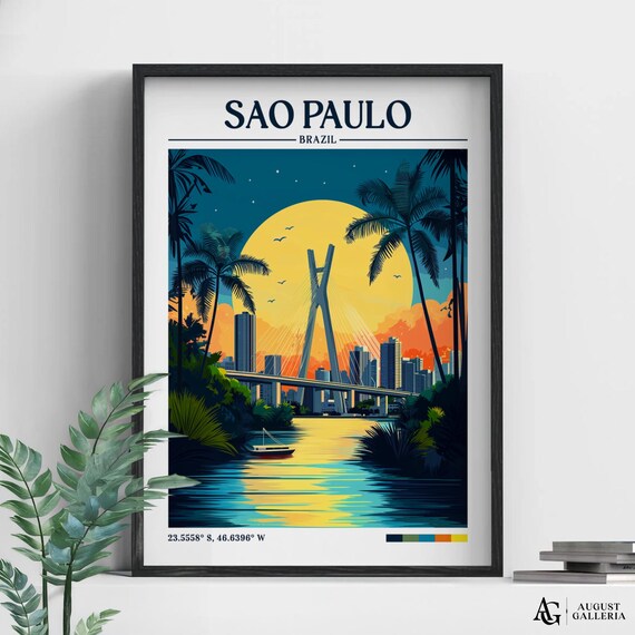 Sao Paulo Brazil Night Skyline Bridge City Retro Travel Poster