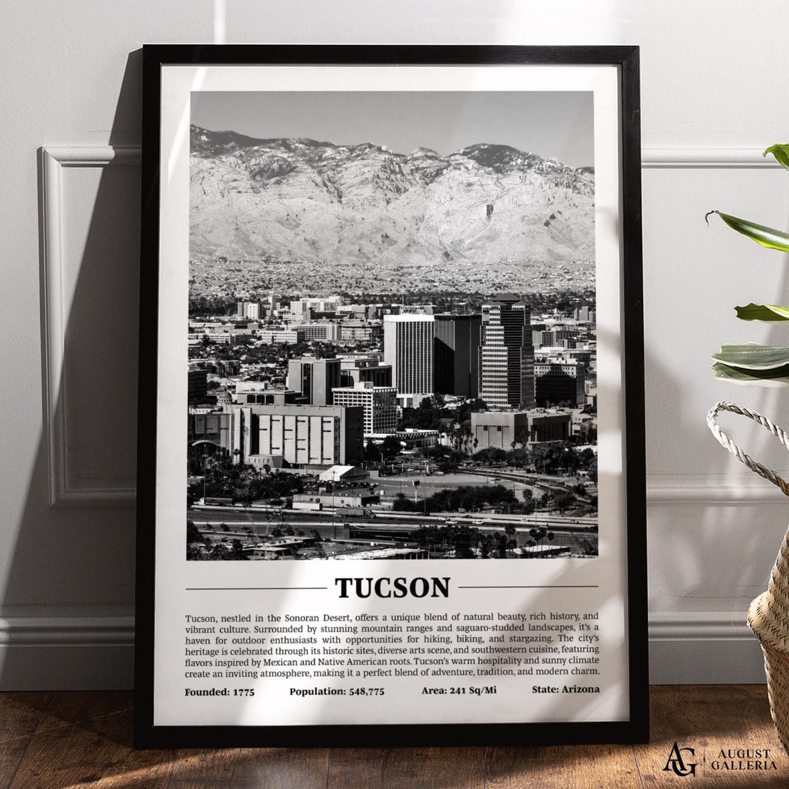 Tucson Arizona Desert City Mountains Black and White Skyline Poster
