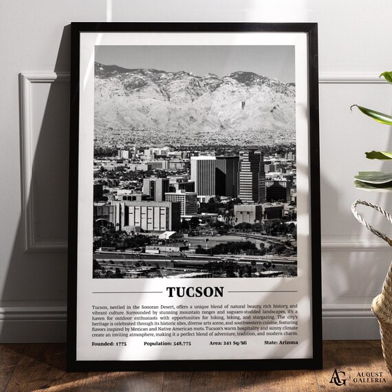 Tucson Arizona Desert City Mountains Black and White Skyline Poster