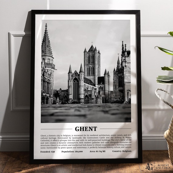 Ghent St Bavos Cathedral Medieval Towers Black White Belgium City Poster
