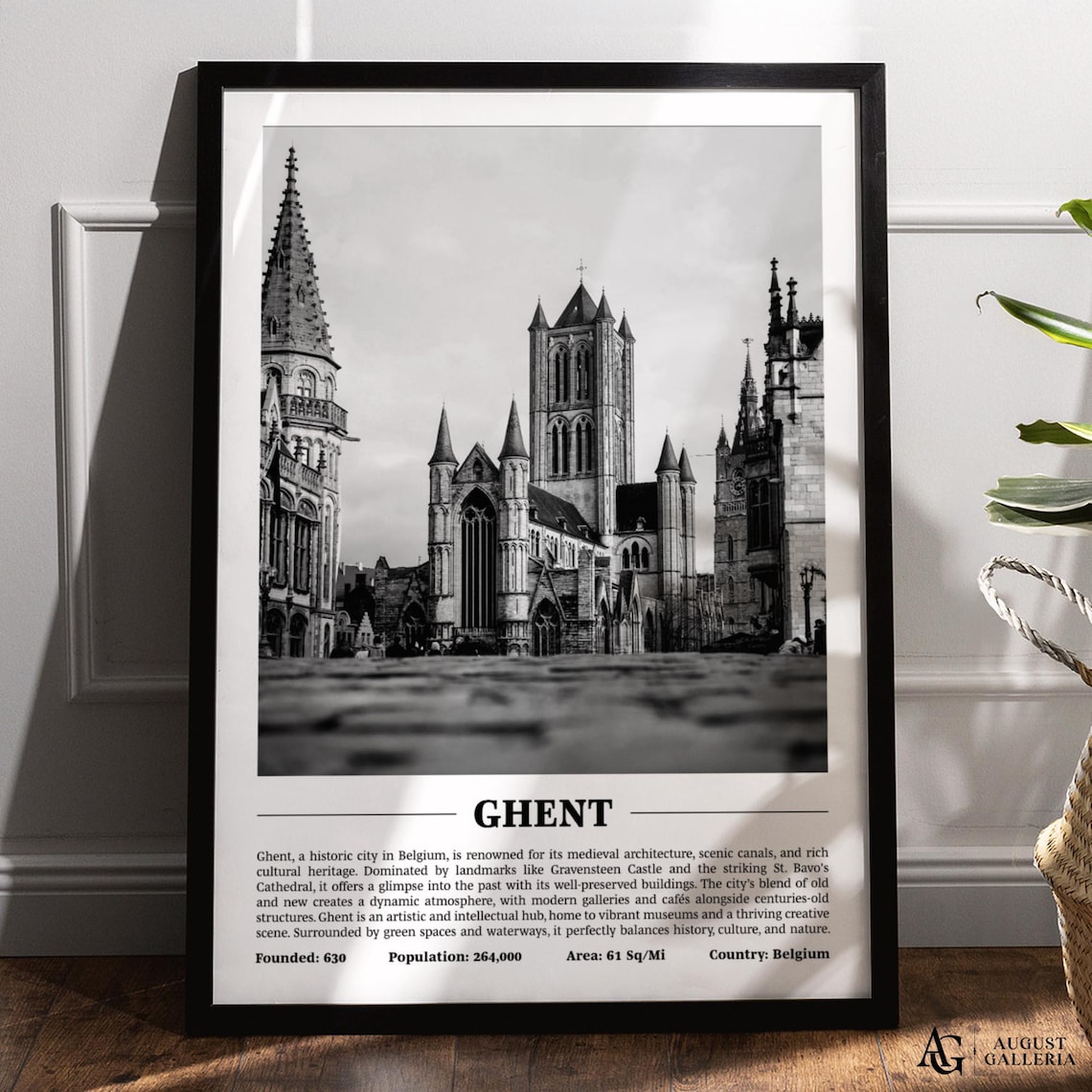 Ghent St Bavos Cathedral Medieval Towers Black White Belgium City Poster