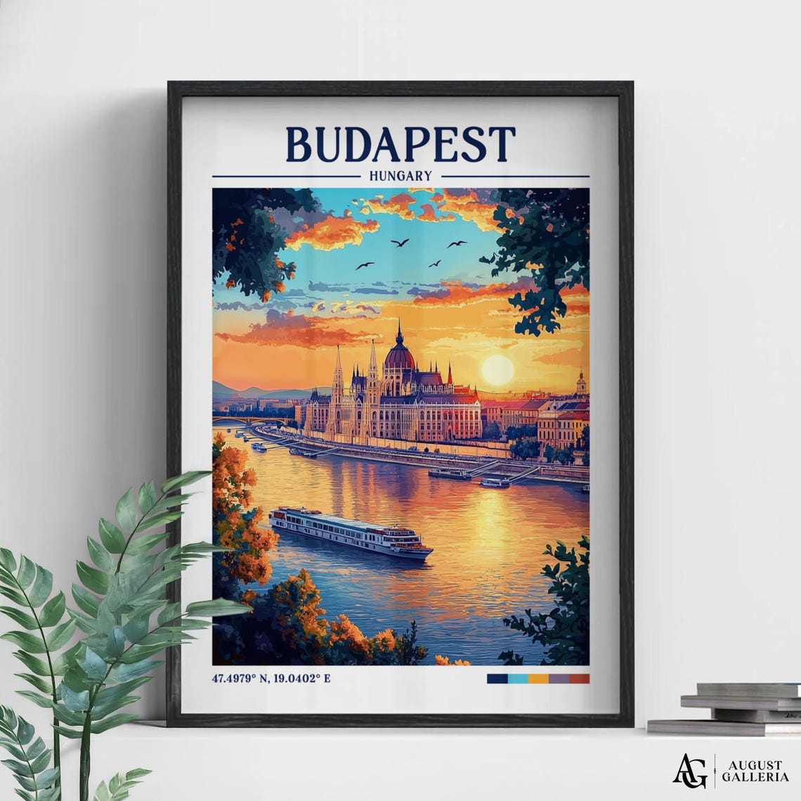 Budapest Hungary Parliament Sunset Danube Retro Travel Poster