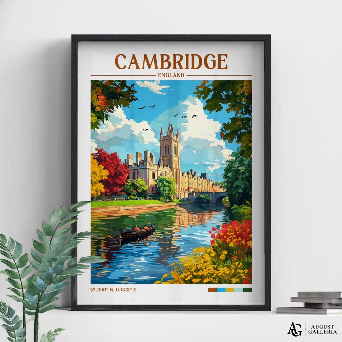 Cambridge England Retro Travel Poster River Punt College Tower