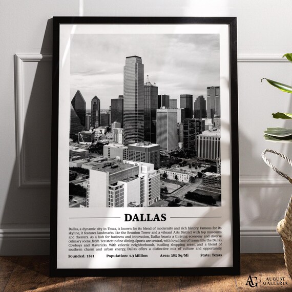 Dallas Texas Black And White Downtown Skyline Modern City Poster