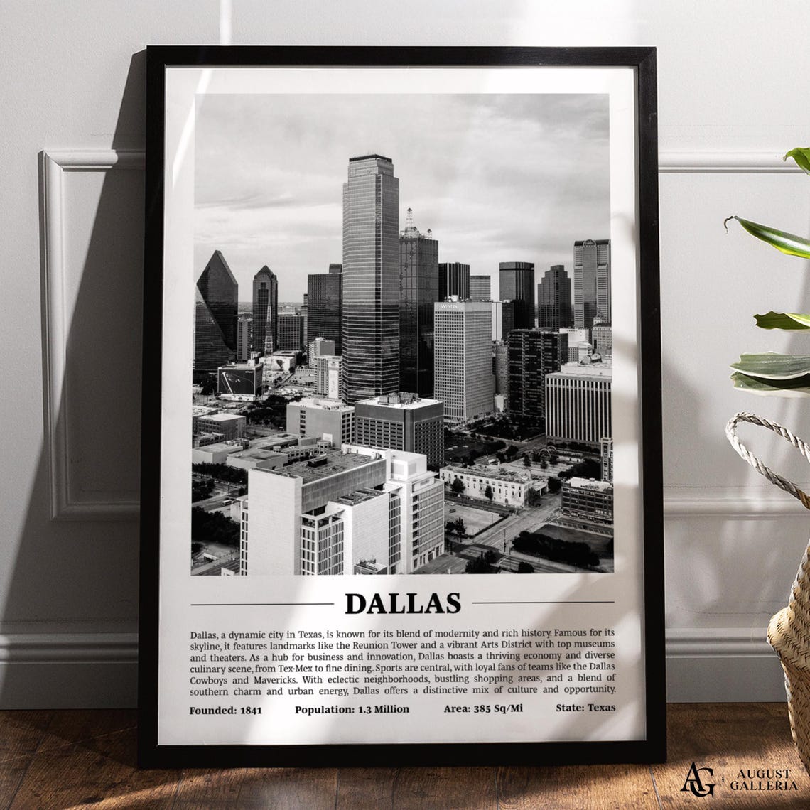 Dallas Texas Black And White Downtown Skyline Modern City Poster
