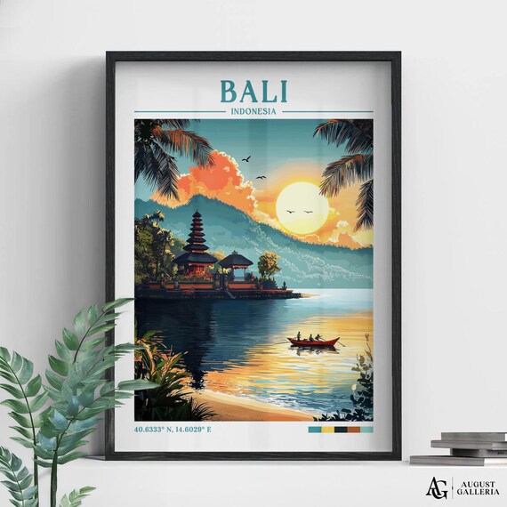 Bali Indonesia Sunset Travel Poster Ulun Danu Temple Lake Boat Scene