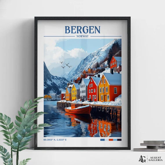 Bergen Norway Retro Travel Print Wanderlust Posters Wall Art Framed Prints Canvas Poster