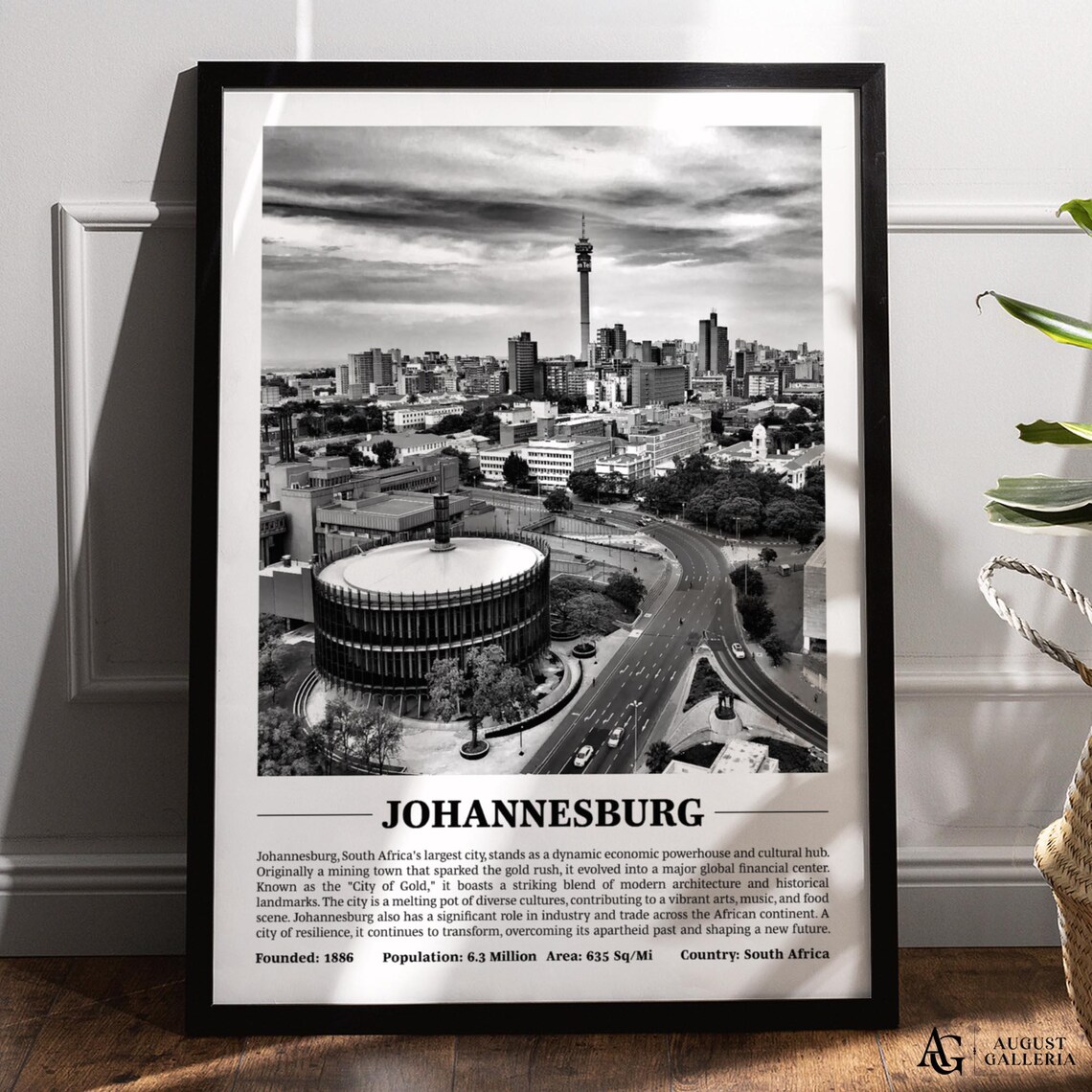 Johannesburg South Africa Black and White Skyline City Poster