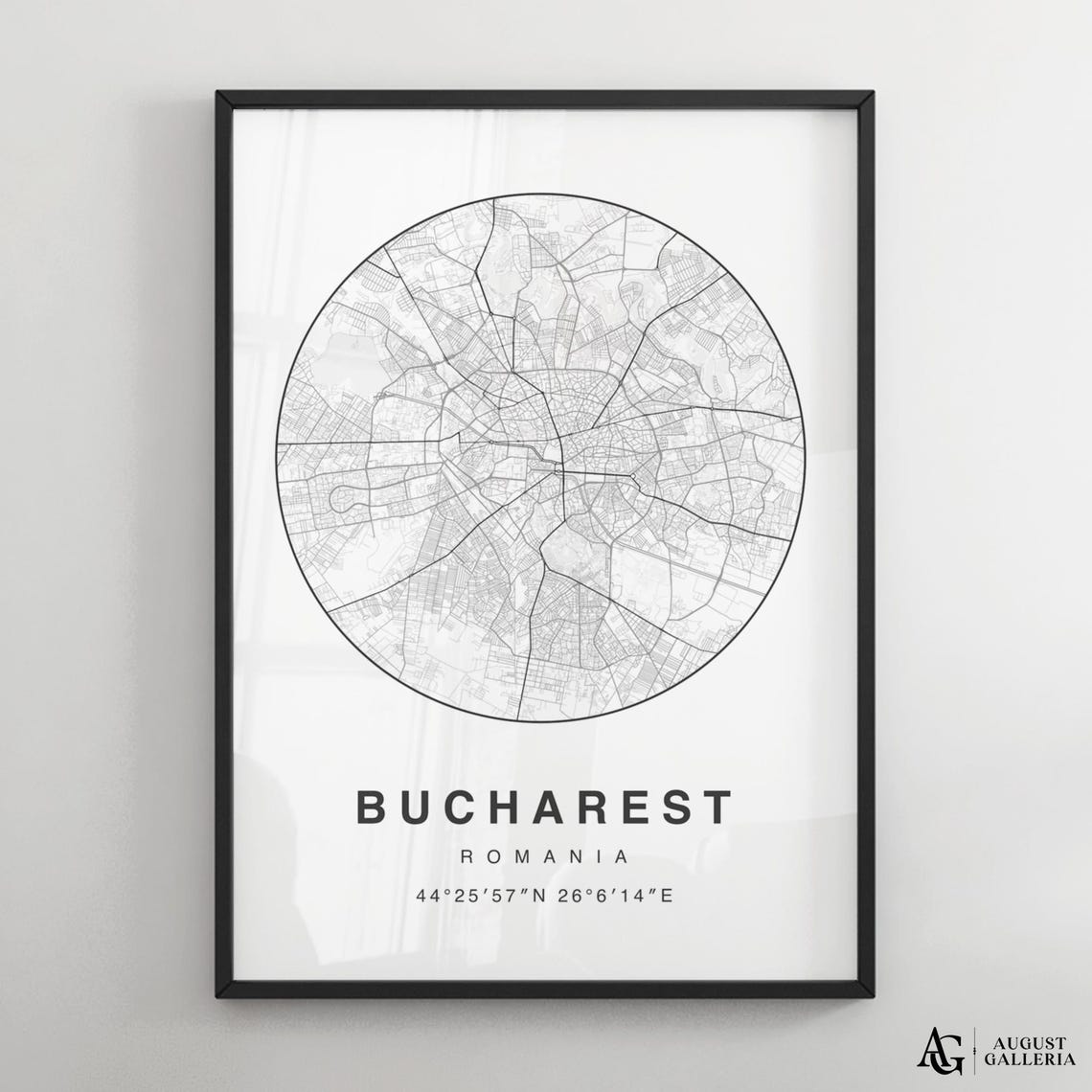 Bucharest Romania Minimalist Black and White Circular City Map Print