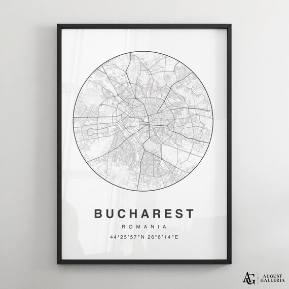 Bucharest Romania Minimalist Black and White Circular City Map Print