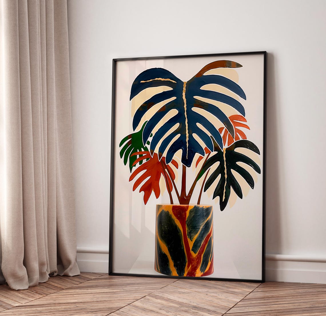 Monstera Plant In Marbled Pot Navy Coral Botanical Painting Poster