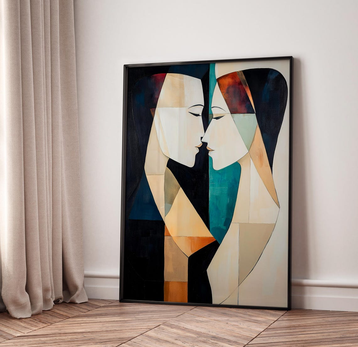Minimalist Abstract Couple Faces Touching Geometric Love Art Poster