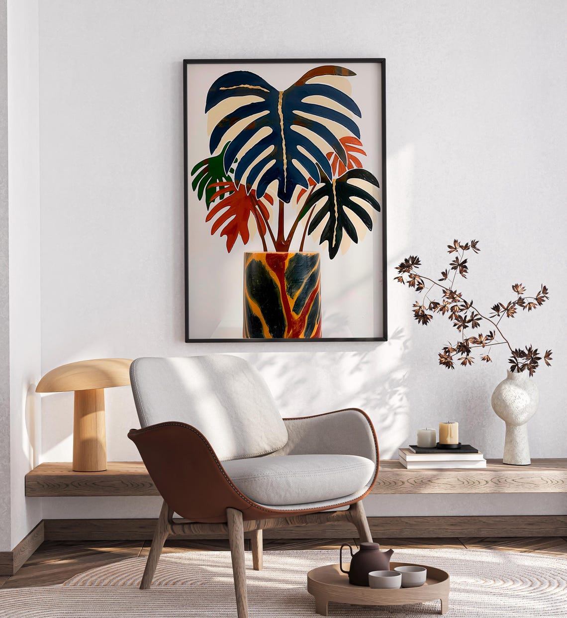 Monstera Plant In Marbled Pot Navy Coral Botanical Painting Poster - Image 2