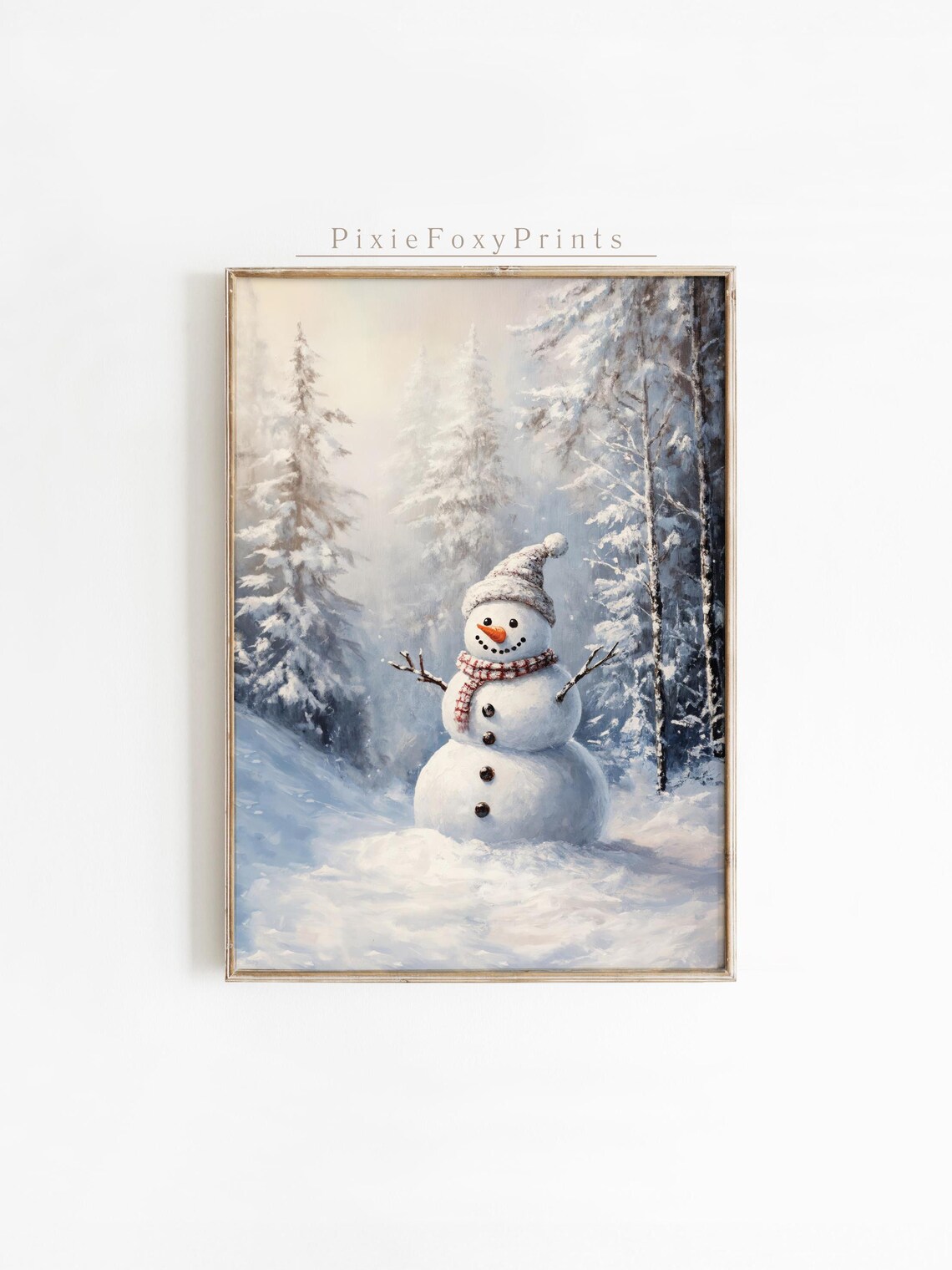 Cheerful Snowman in Snowy Winter Wonderland Forest Art Print