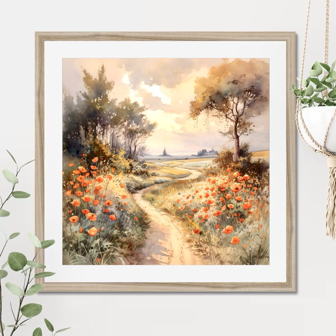 Poppy Dirt Road Countryside Sunset Watercolor Art Scene Poster - Image 4