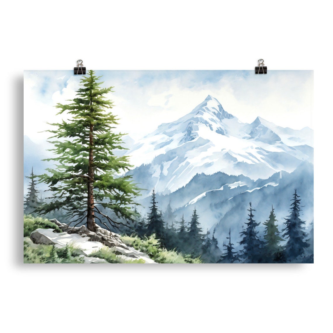 Snowy Mountain Peak with Evergreen Pine Watercolor Landscape Poster - Image 4