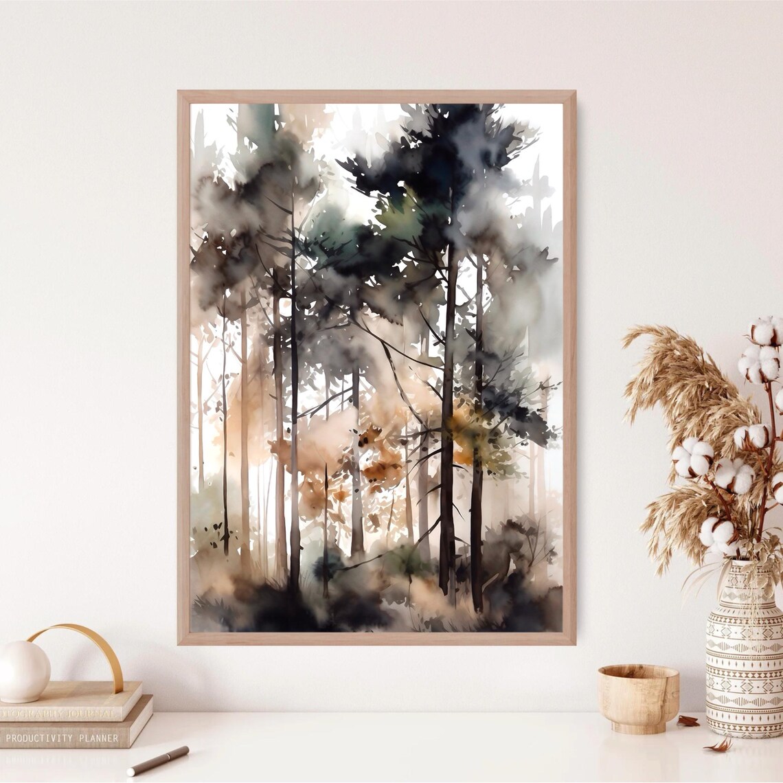 Misty Pine Forest Warm Golden Light Foggy Trunks Watercolor Poster - Image 4