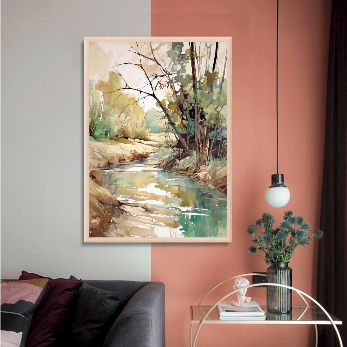 Woodland River Sandy Banks Quiet Trees Watercolor Art Poster - Image 3