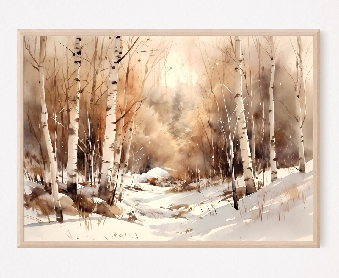 Birch Forest Snow Golden Winter Light Trees Watercolor Art Poster