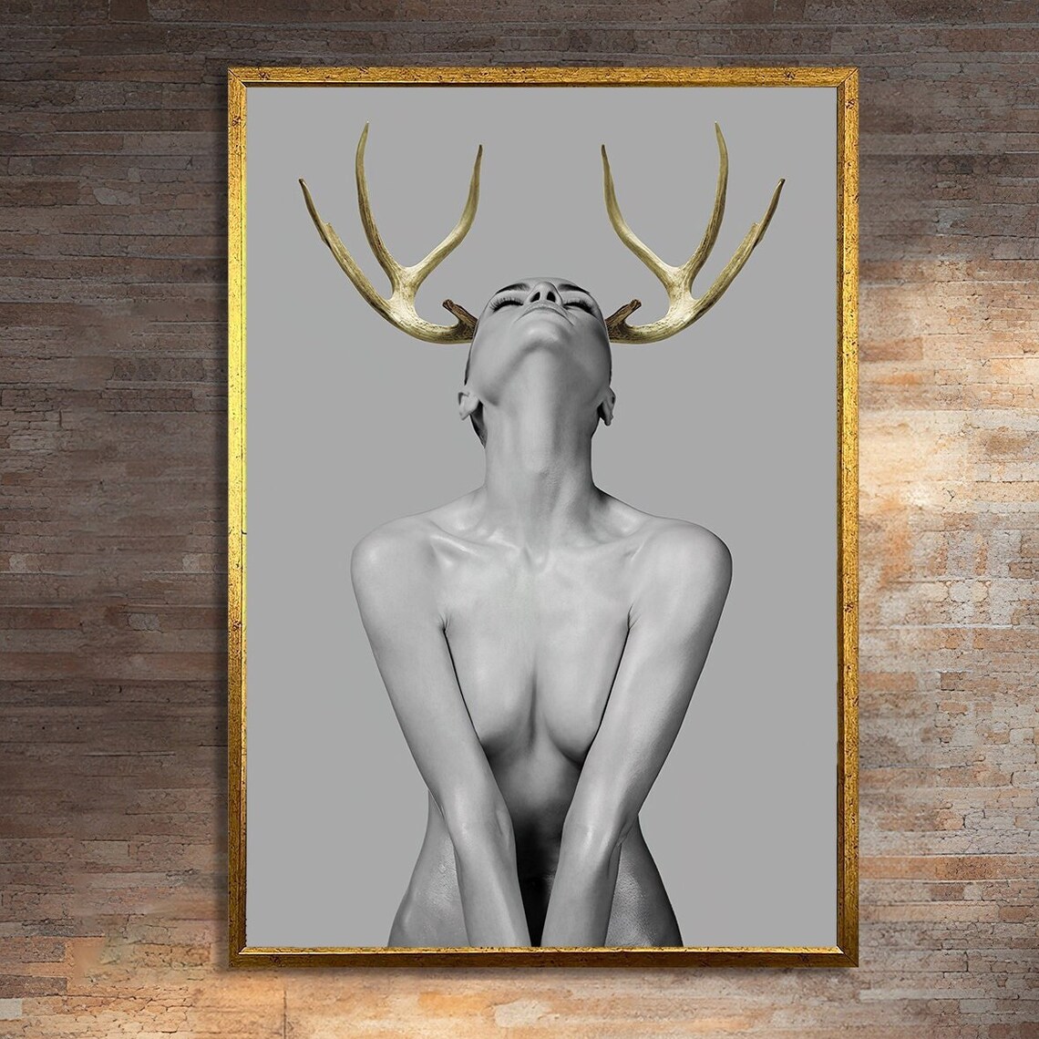 Ethereal Nude Woman With Golden Antlers, Minimalist Art Print