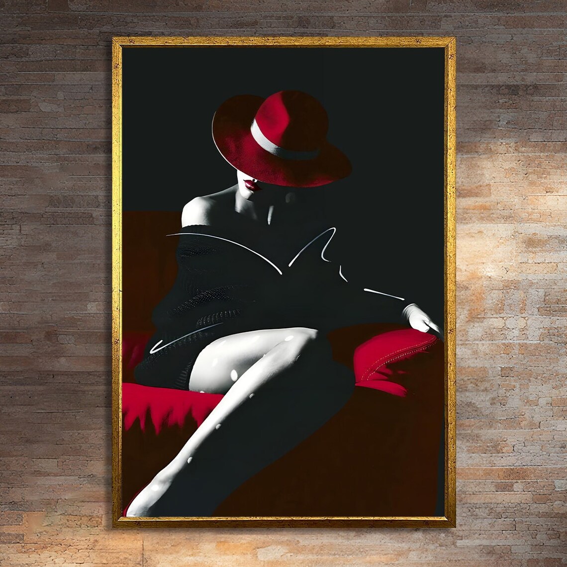 Elegant Red Hat Woman, Sophisticated Portrait Art
