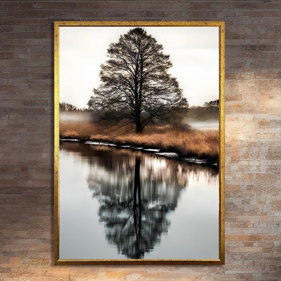Misty Morning Reflection, Tranquil Tree River Landscape