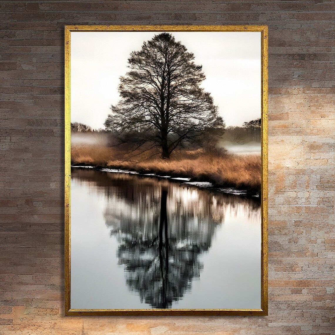 Misty Morning Reflection, Tranquil Tree River Landscape