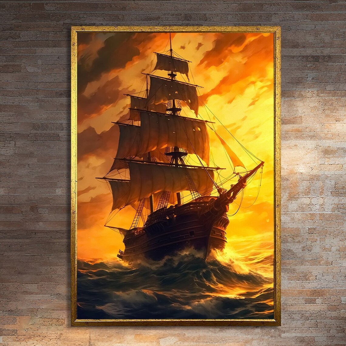 Majestic Sunset Sailing Ship Painting, Nautical Decor