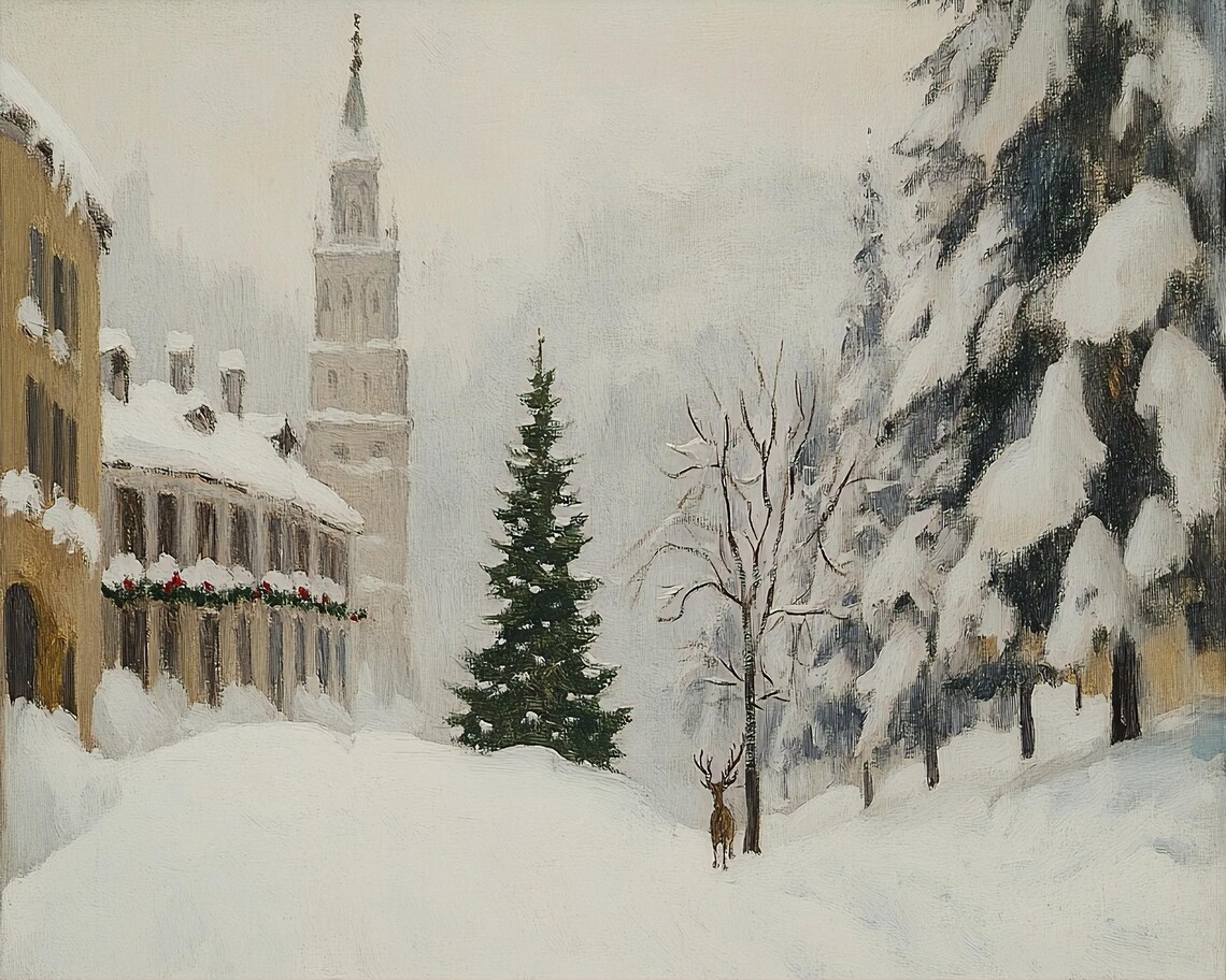 Church Square Winter Holiday Town Scene, Art Print - Image 2