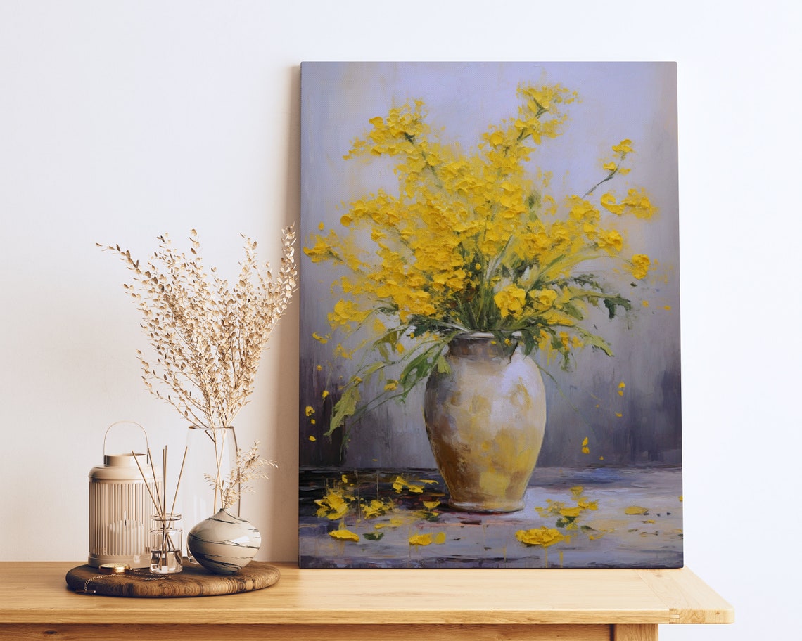 Yellow Wildflowers Painting Clay Vase Rustic Still Life Poster