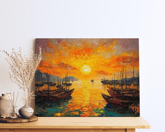 Vibrant Golden Sunset Marina Fishing Boats Ocean Impasto Poster