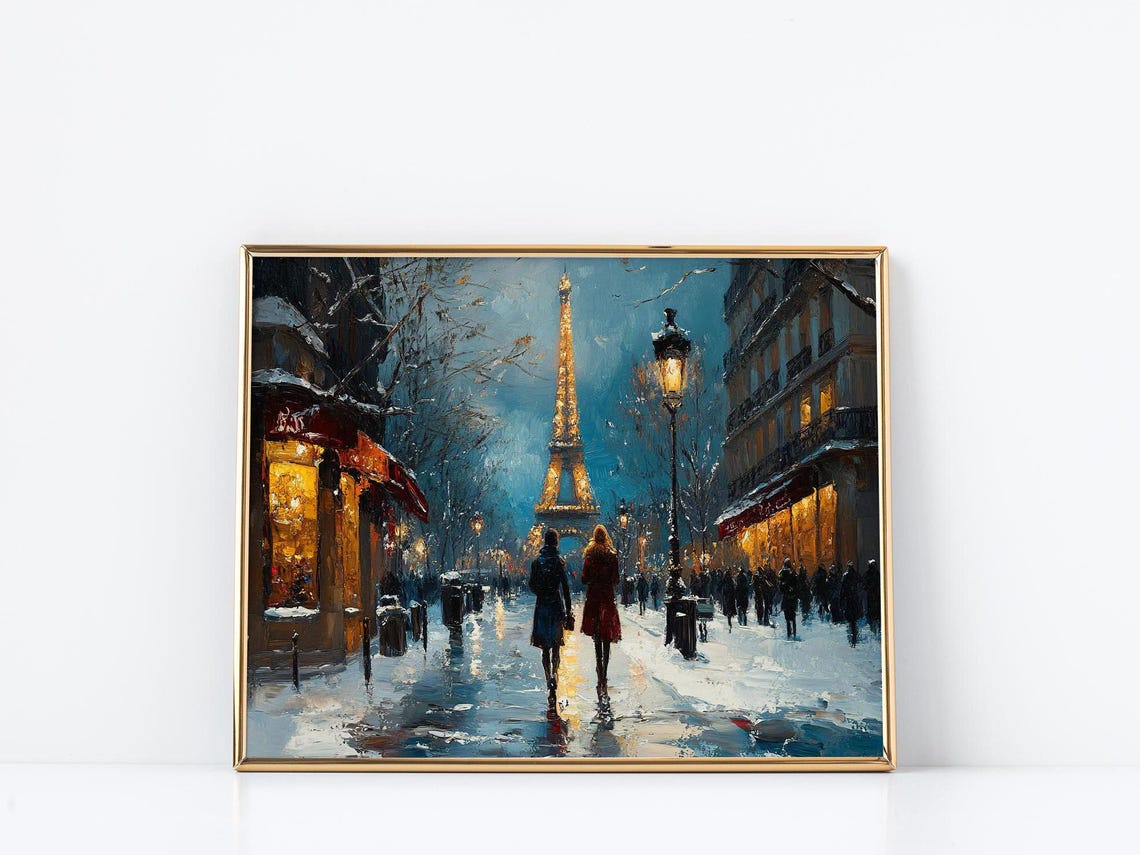 Eiffel Tower Paris Snowy Romantic Night Couple Stroll Poster