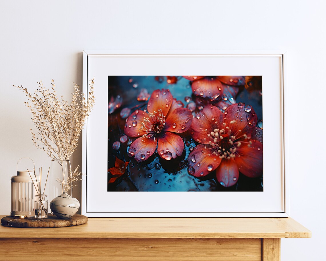 Red Cherry Blossoms Painting Water Droplets Macro Flowers Poster