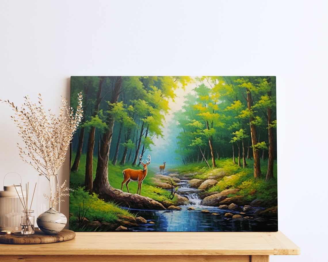 Two Deer By A Forest Stream Sunlit Woodland Wildlife Painting Poster