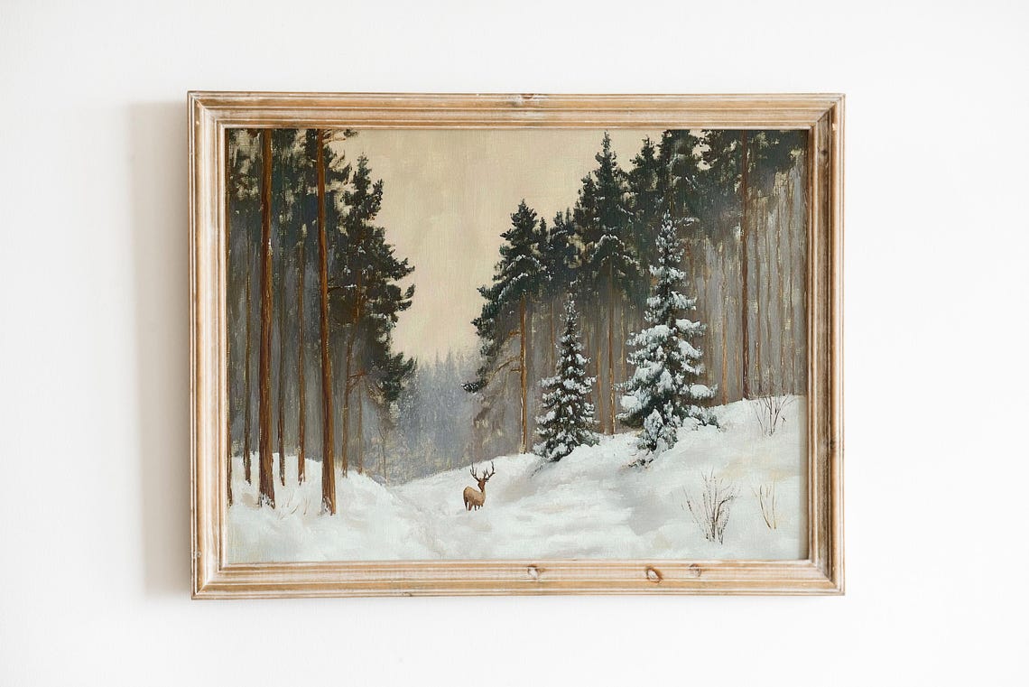 Peaceful Solitary Stag Winter Pine Forest Snow Wildlife Art Poster - Image 2