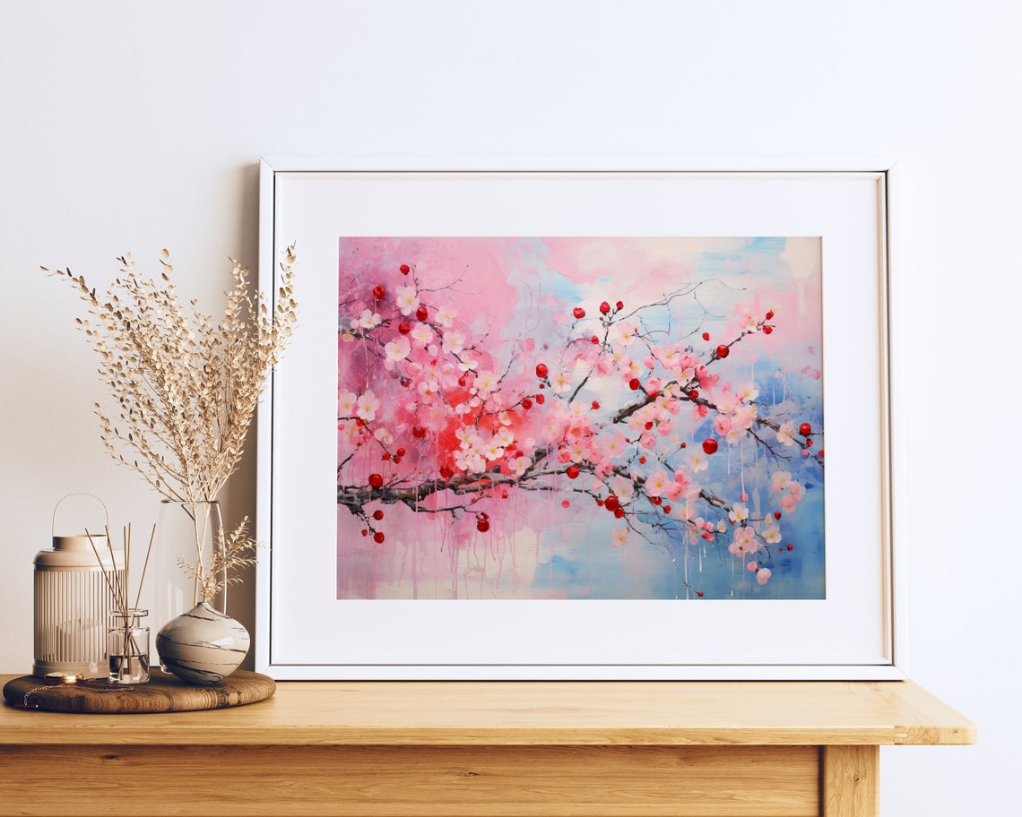 Pink Cherry Blossom Branches Soft Watercolor Floral Art Poster
