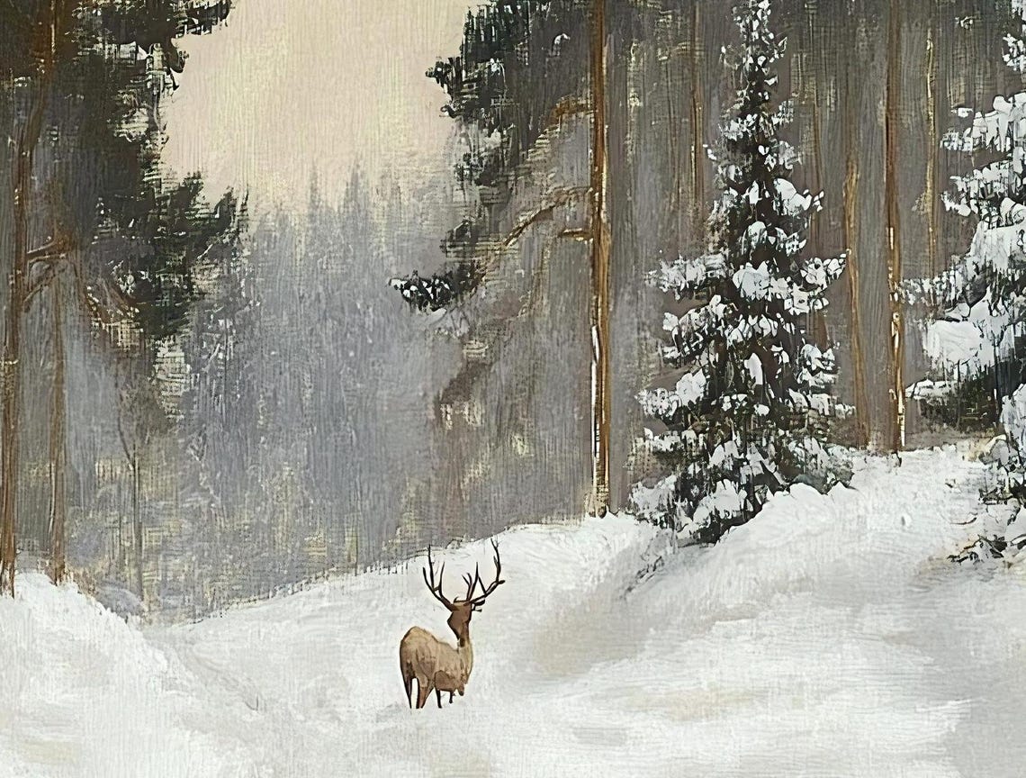 Peaceful Solitary Stag Winter Pine Forest Snow Wildlife Art Poster - Image 3