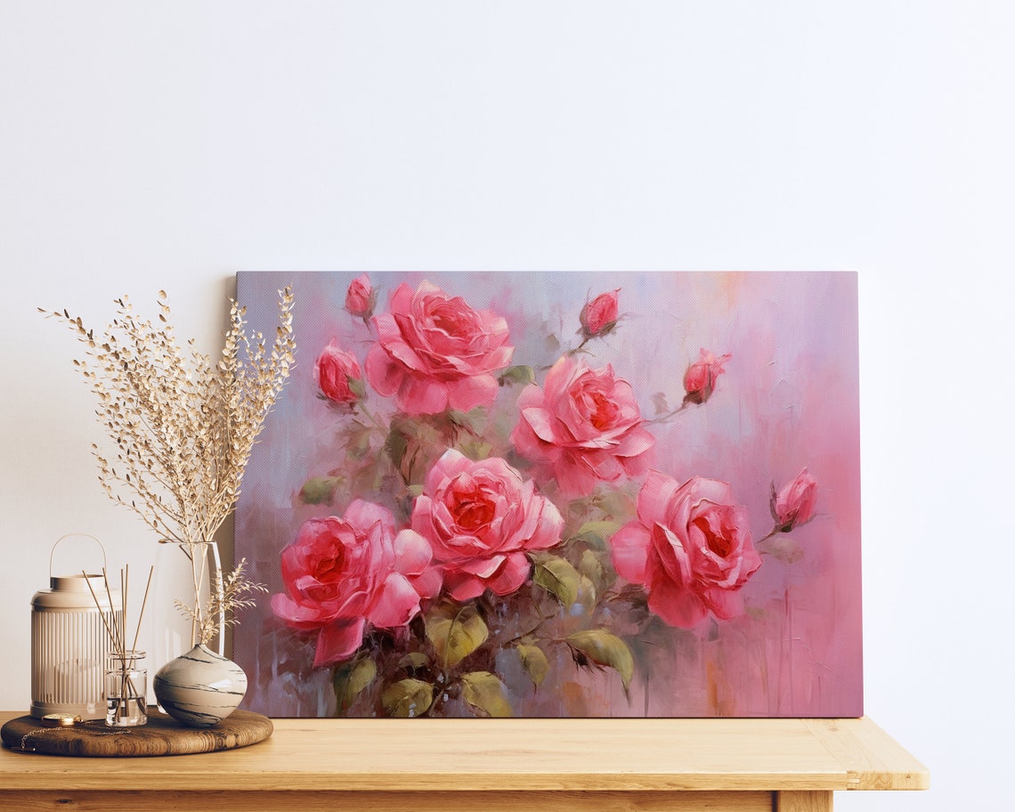 Soft Pink Roses Bloom Romantic Impressionist Floral Oil Poster