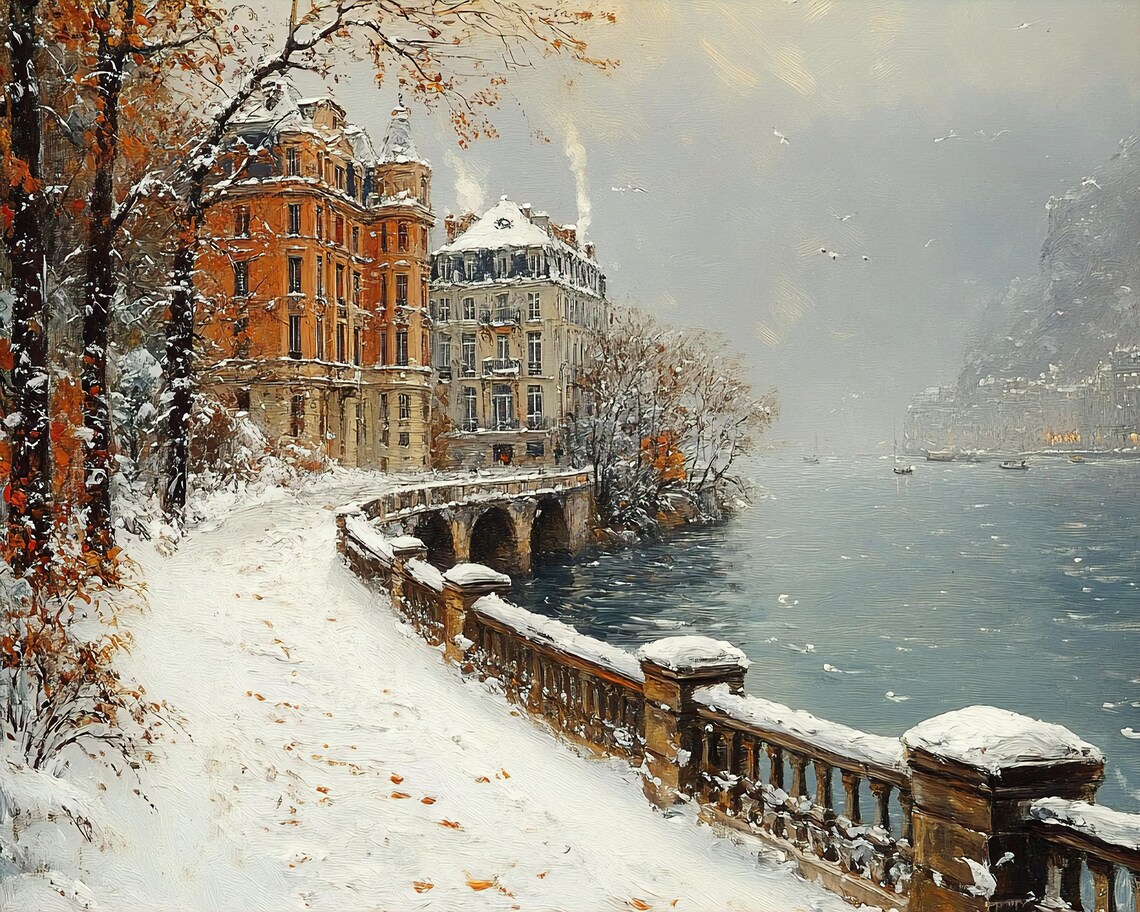Seine Riverside Mansion Winter Paris Snow Embankment Art Poster - Image 3