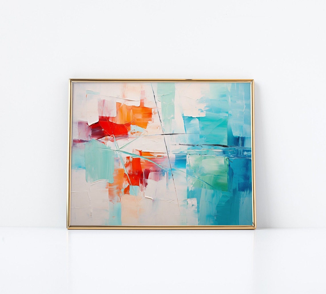 Red And Teal Abstract Geometric Blocks Modern Expressive Art Poster - Image 3