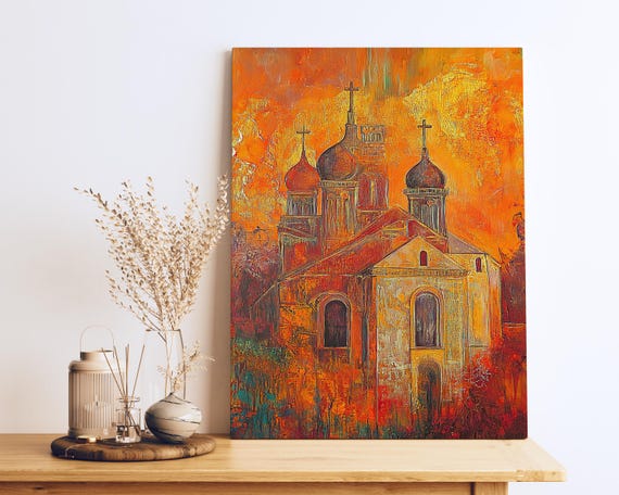Klimt Inspired Ancient Church Gold Leaf Oil Painting Print Fiery Abstract Religious Art Decor