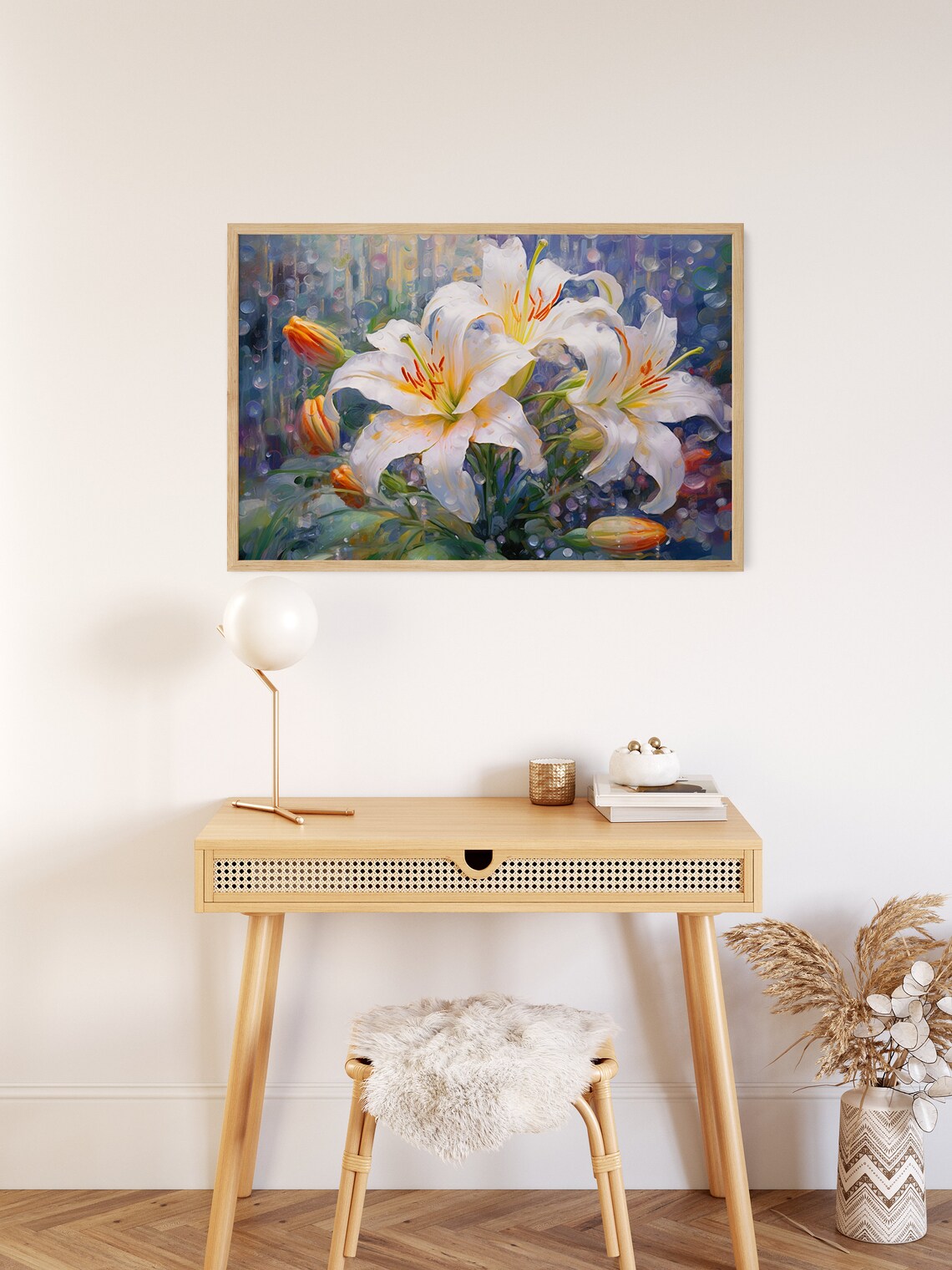 Abstract Flower Painting, Pointillist Lilies Nature Scene - Image 2