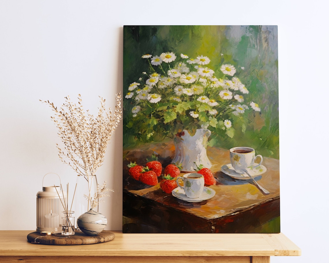 White Daisies Strawberries And Coffee Cups Still Life Oil Art Poster
