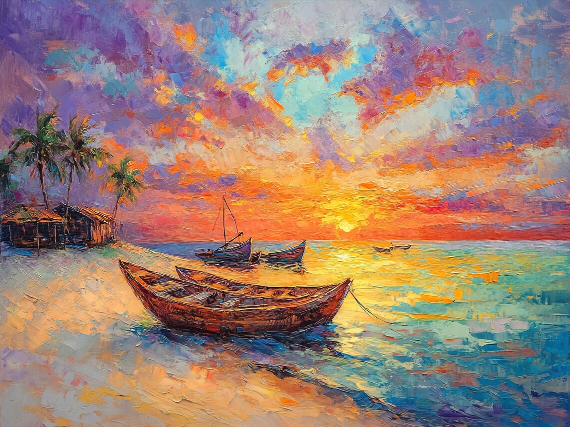 Exotic Beach Sunset Oil Painting Print Vibrant Impasto Fishing Boats Scene Textured Coastal Seascape Wall Art With Colorful Sky Decor - Image 2