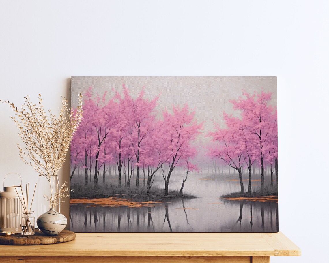 Pink Lake Landscape Oil Painting Traditional Chinese Wall Art Purple And Silver Nature Print Oriental Lake Scene Wall Art