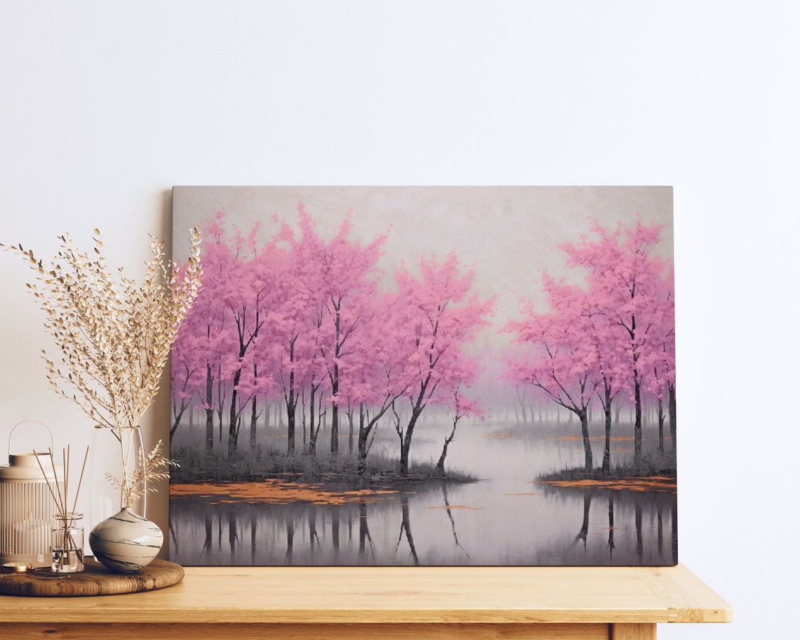 Serene Pink Blossom Trees Painting Misty Lake Reflection Poster