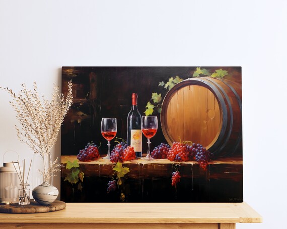 Rustic Wine Still Life With Oak Barrel And Red Wine Glasses Poster
